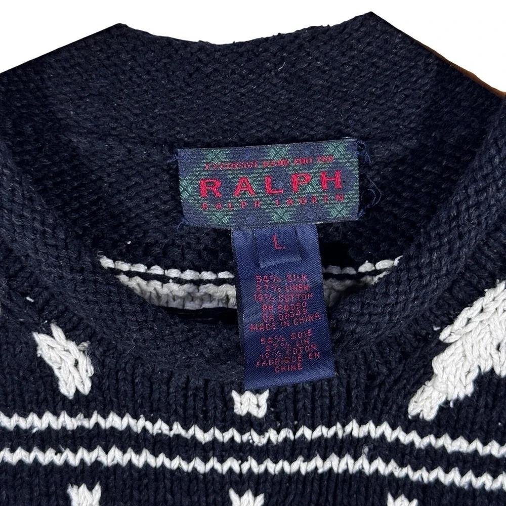 Ralph Lauren Hand Knit Sweater Vest L Black Fair Isle Southwestern Silk Linen